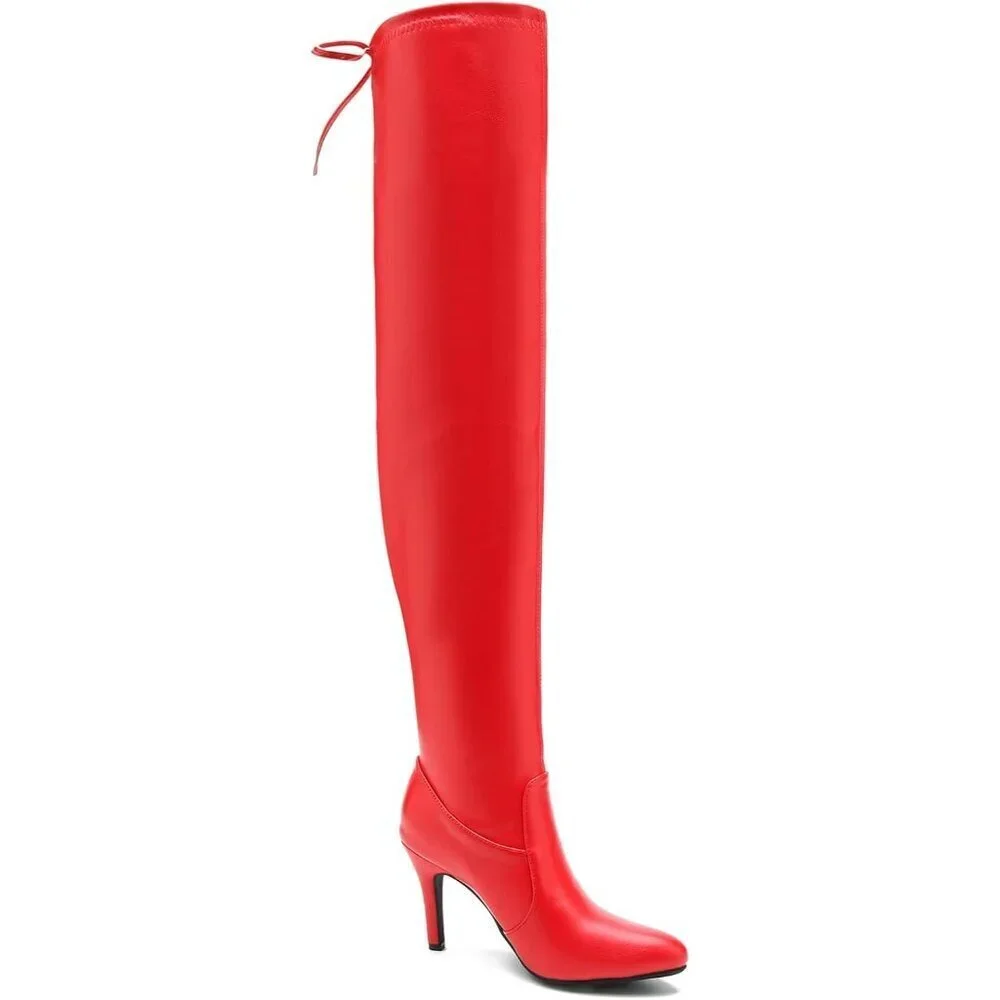 Women Red Polyurethane Pointed Toe Over The Knee Thigh High Stiletto Heel Boot